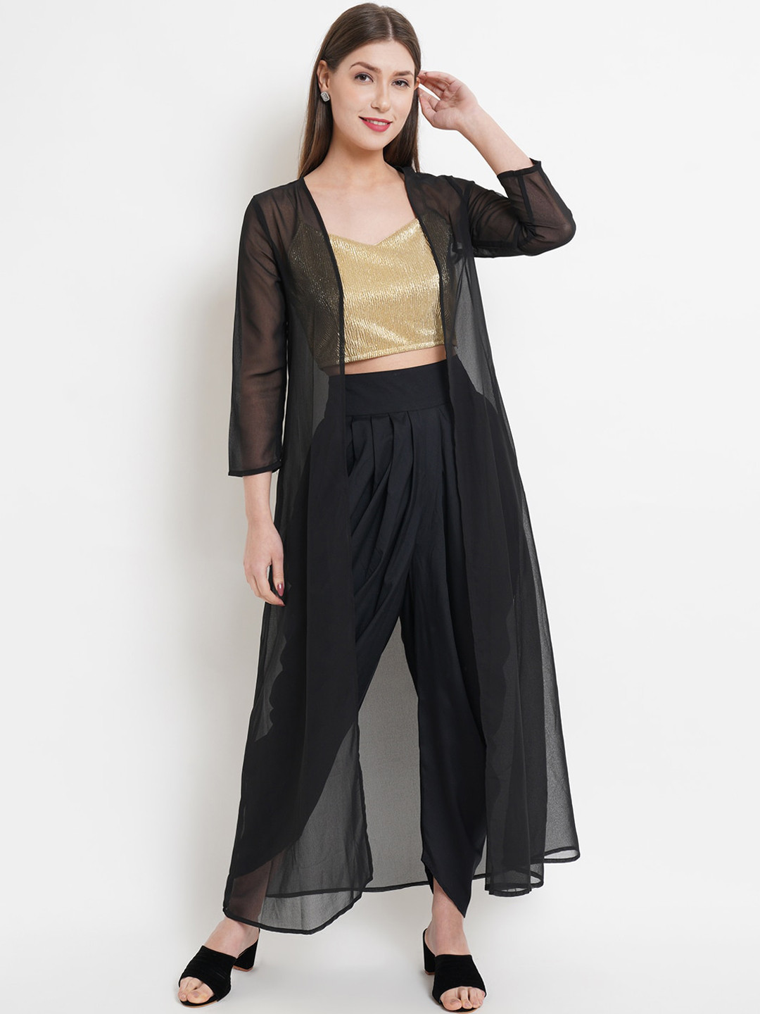 WESTCLO Women Black & Gloden Crop Top & Dhoti Pant With Shrug