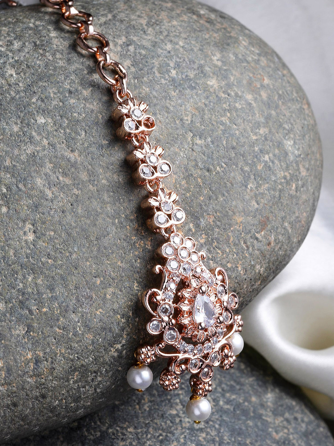 KARATCART Rose Gold-Plated White AD-Studded Maang Tikka