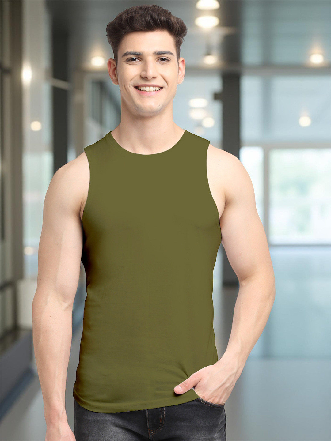 Friskers Men Olive Green Solid Cotton Innerwear Vests