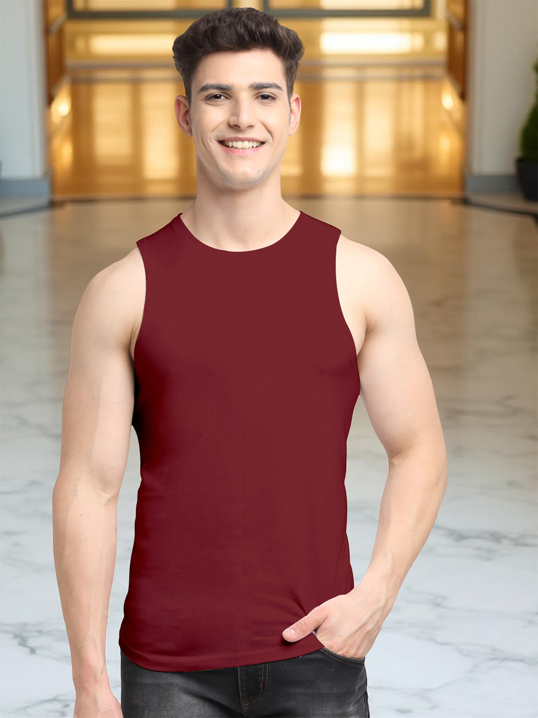 Friskers Men Maroon Cotton Innerwear Vest