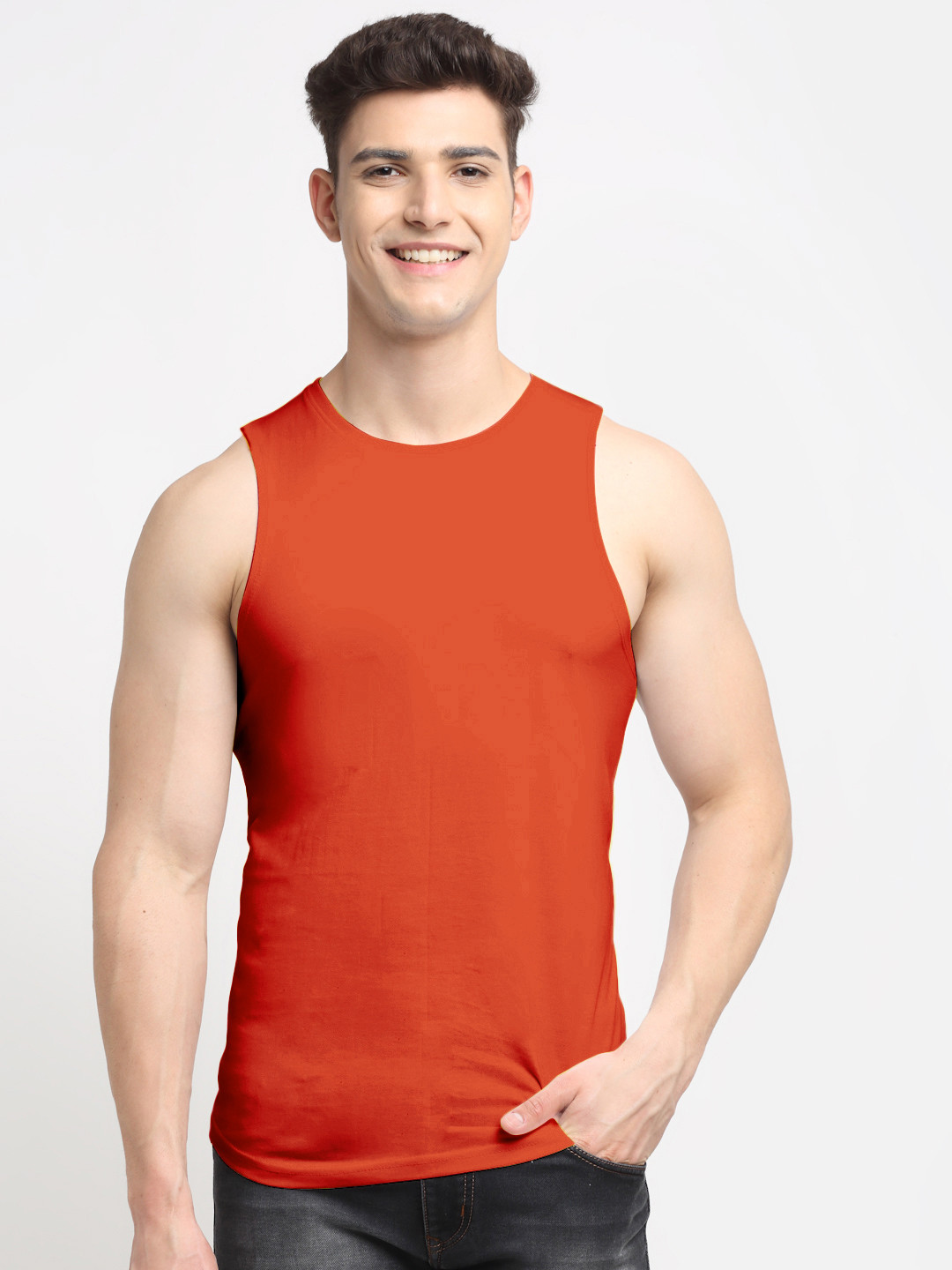 Friskers Men Orange Solid Cotton Gym Vest