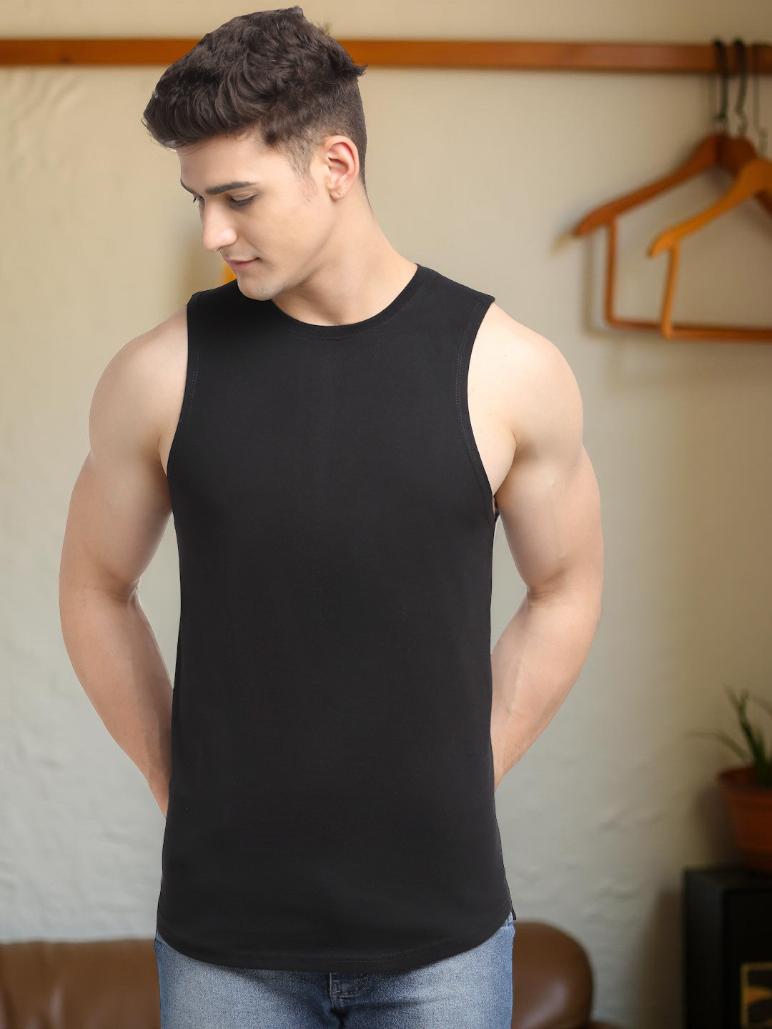 Friskers Men Black Cotton Innerwear Vest