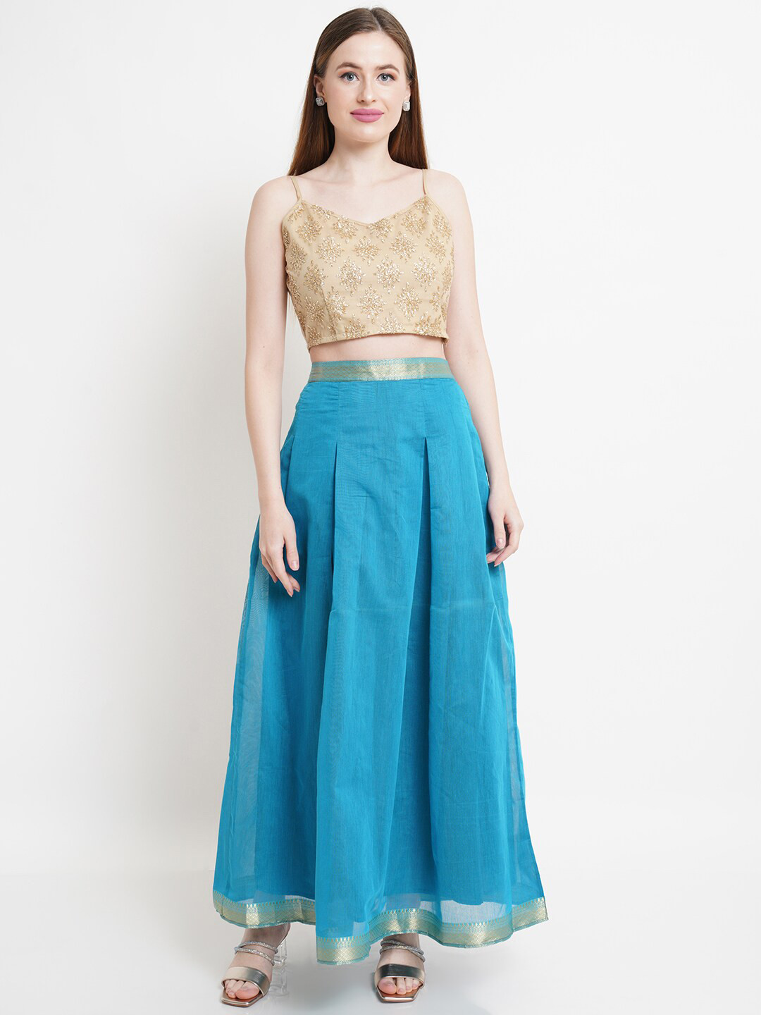 WESTCLO Women Gold Embellished Sequinned Crop Top With Blue Skirt