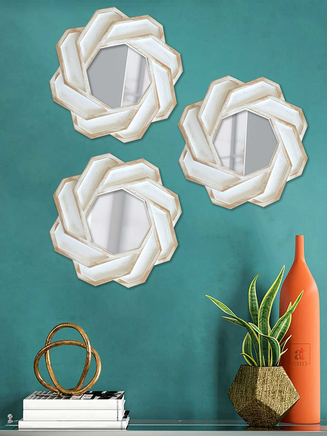 Art Street Set Of 3 Gold-Colored & White Solid Framed Decorative Wall Mirrors