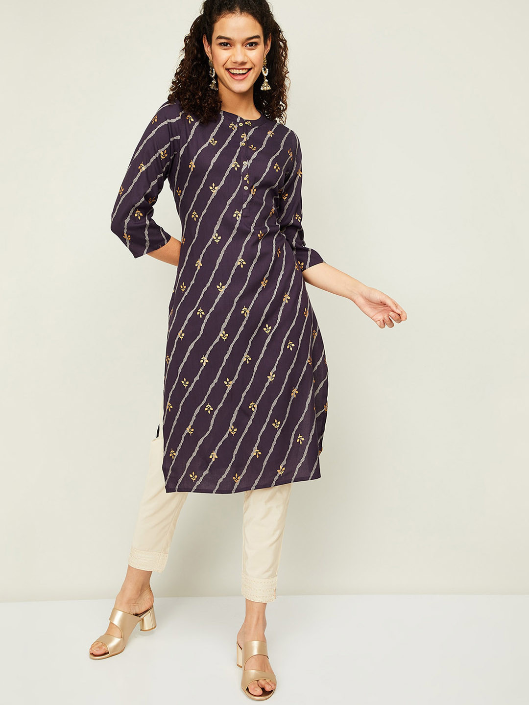Melange by Lifestyle Women Burgundy & Grey Leheriya Printed Kurta
