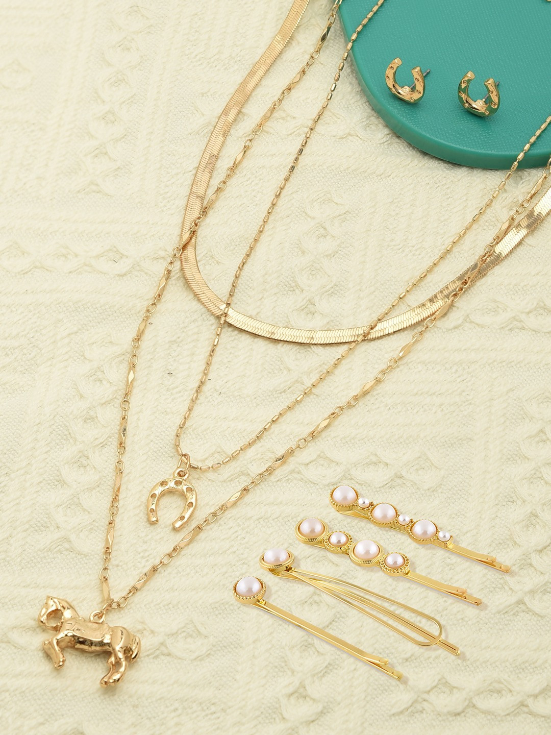 AMI Set Of 6 Gold-Toned & White Gold-Plated Necklace Earrings with Haipins