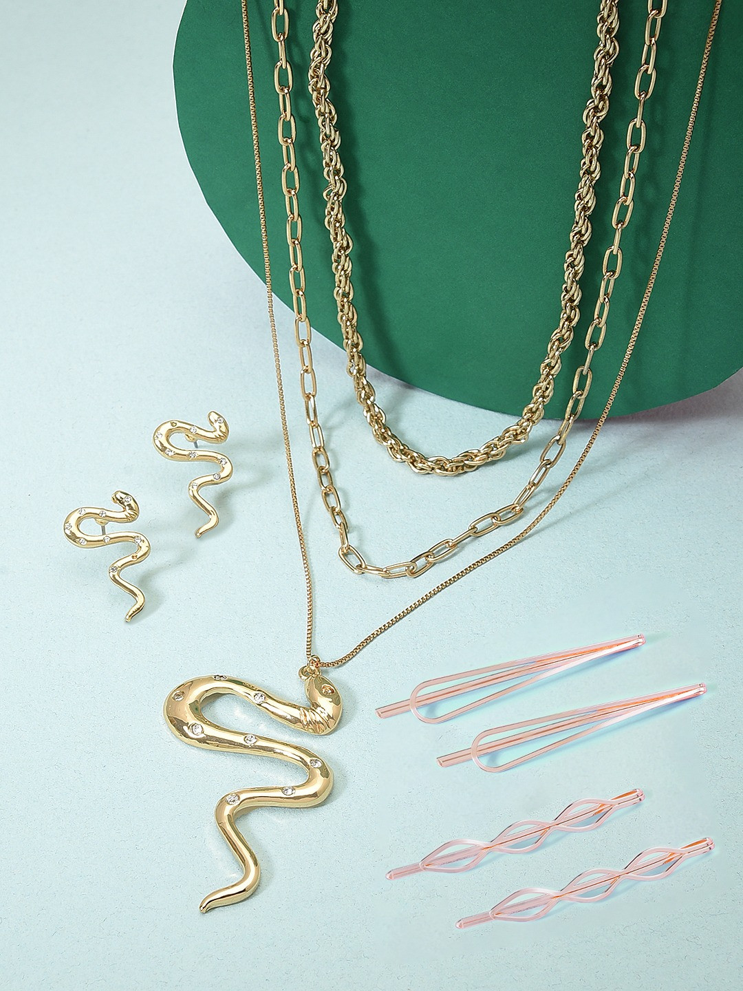 AMI Gold-Toned & Rose Gold Gold-Plated Pendant Chain Earring & Set of 4 Hair Pins