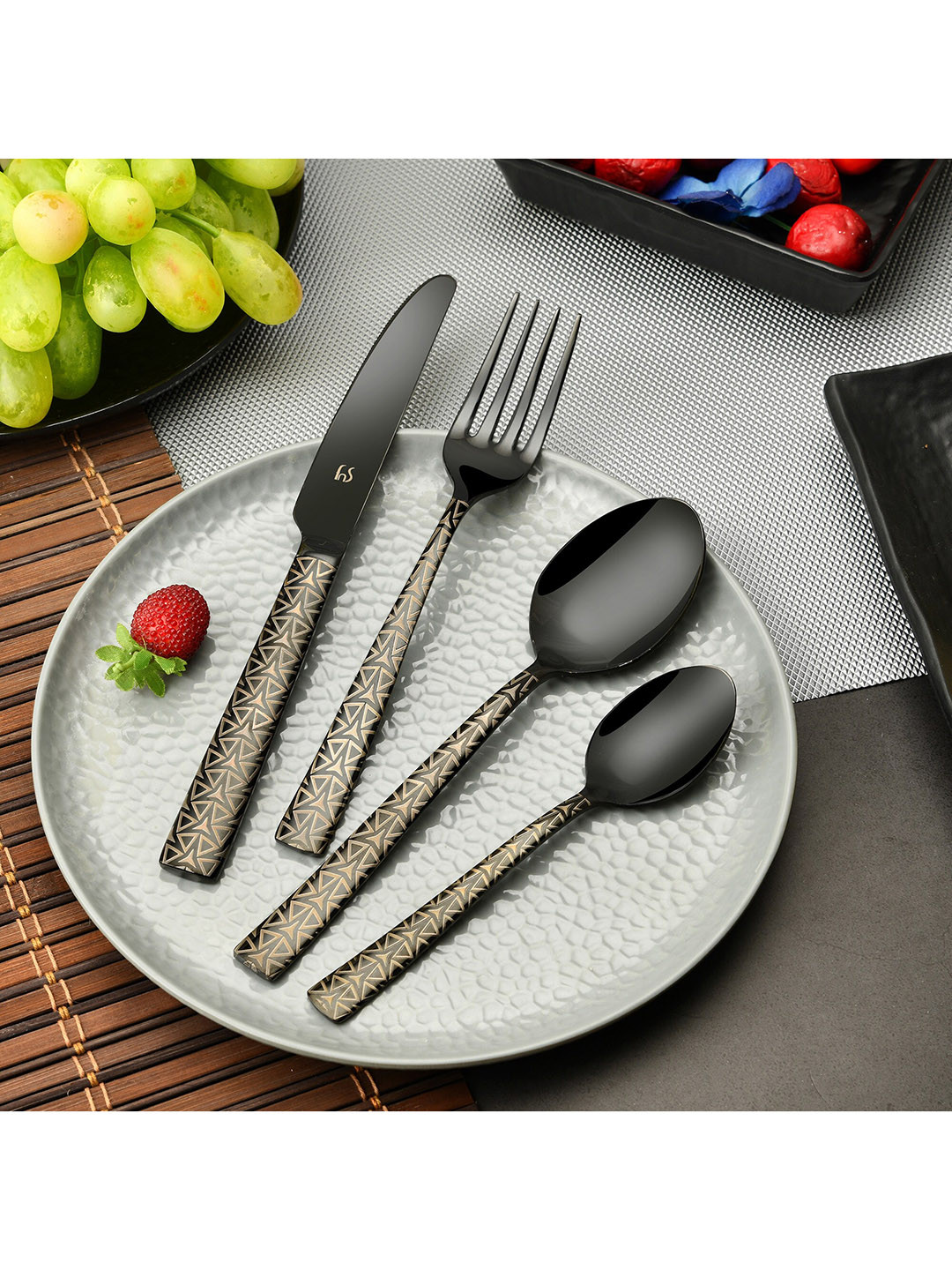 FNS Phoniex Black PVD Coated 24 Pcs Cutlery Set with Stand