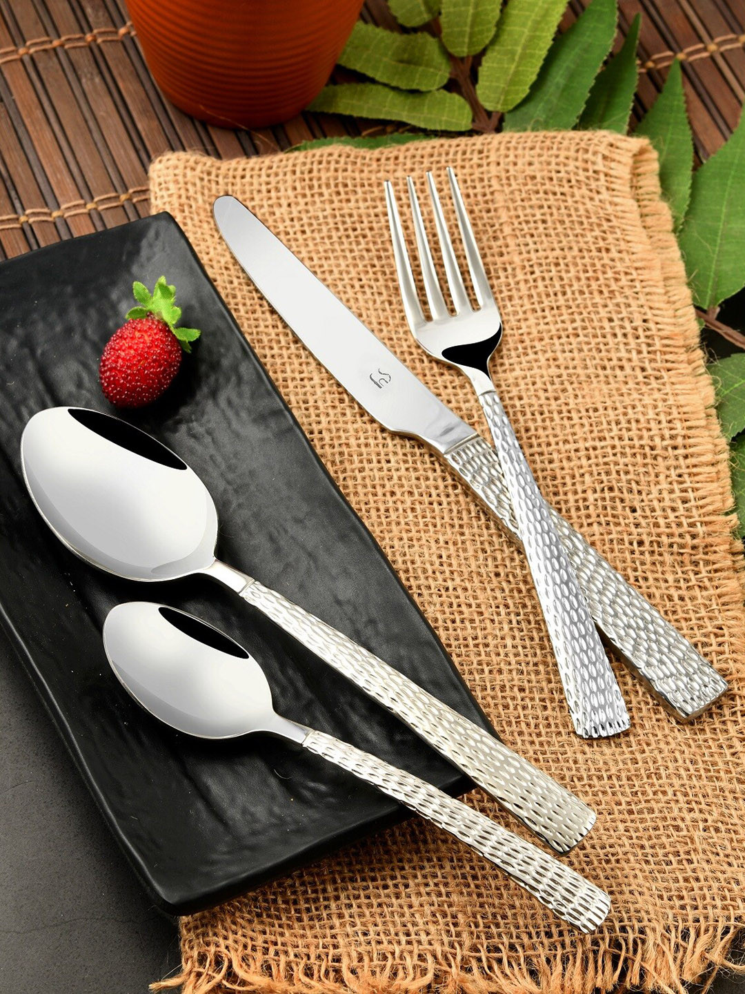 FNS Madrid 24 Pcs Hammer Finish Cutlery Set with Stand