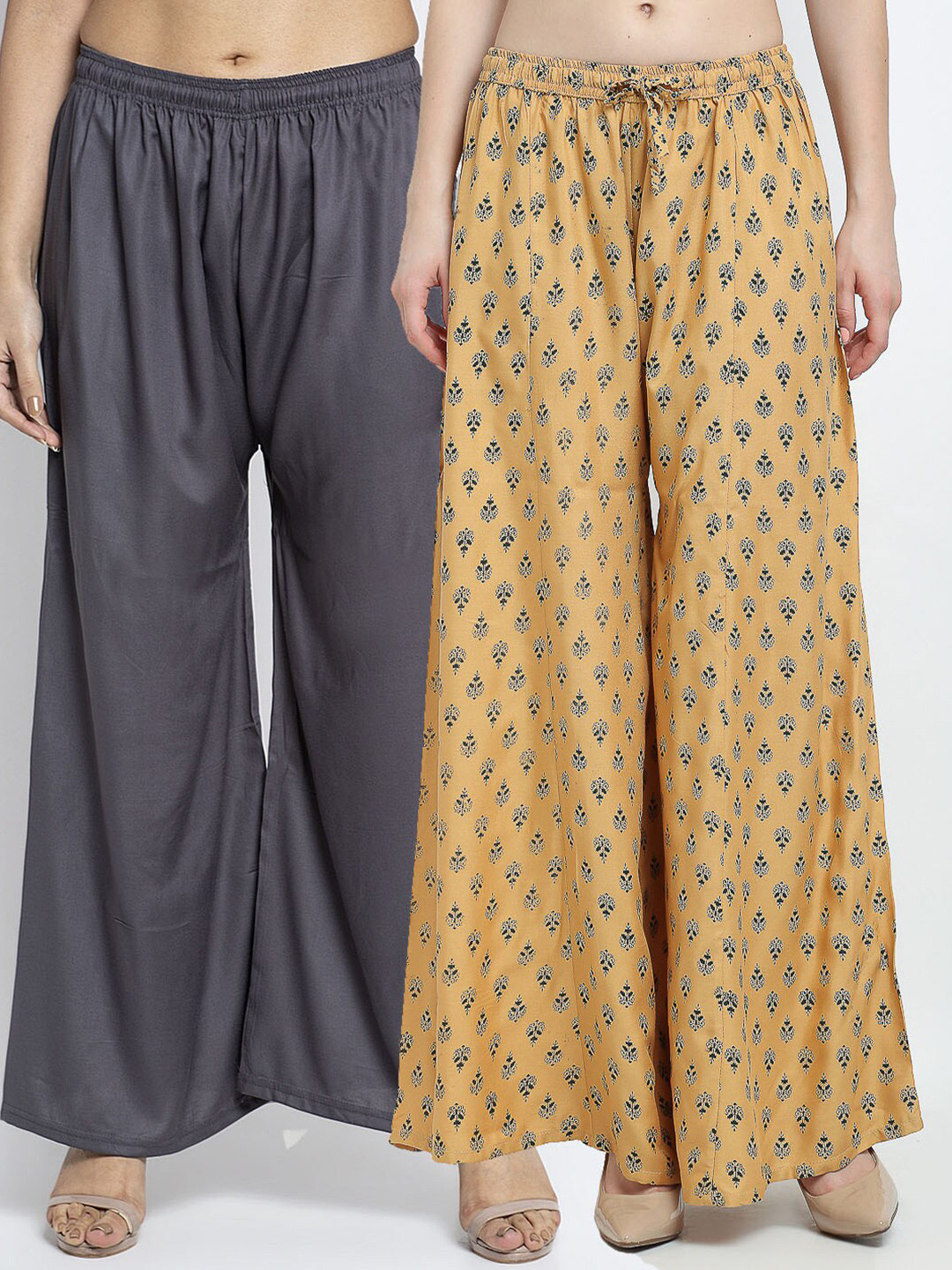 Jinfo Women Grey & Brown Set of 2 Printed Flared Knitted Ethnic Palazzos