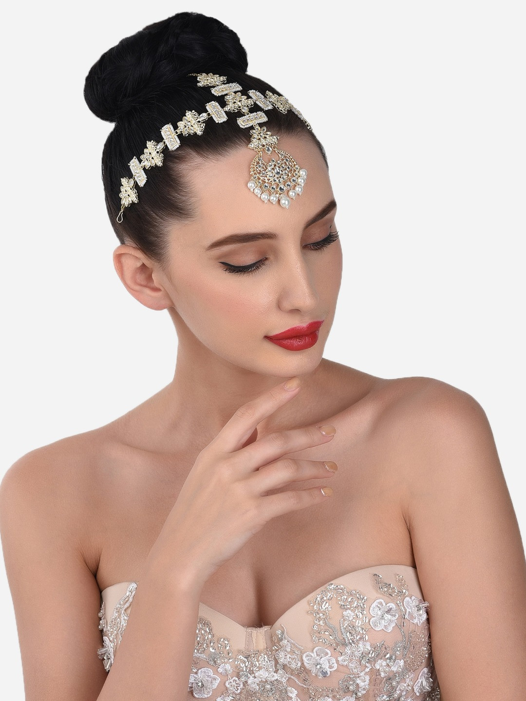 Zaveri Pearls Gold-Plated & White Pearl Kundan Stone Studded Head Jewellery