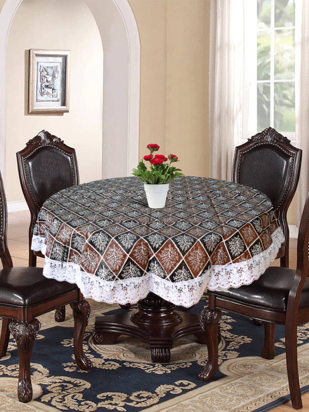Kuber Industries Black & Brown Printed 4 Seater Round Shape Table Cover