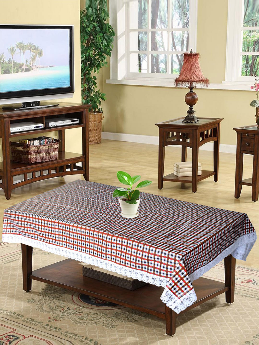 Kuber Industries Maroon & White Checked 4 Seater Rectangle Shape Table Cover