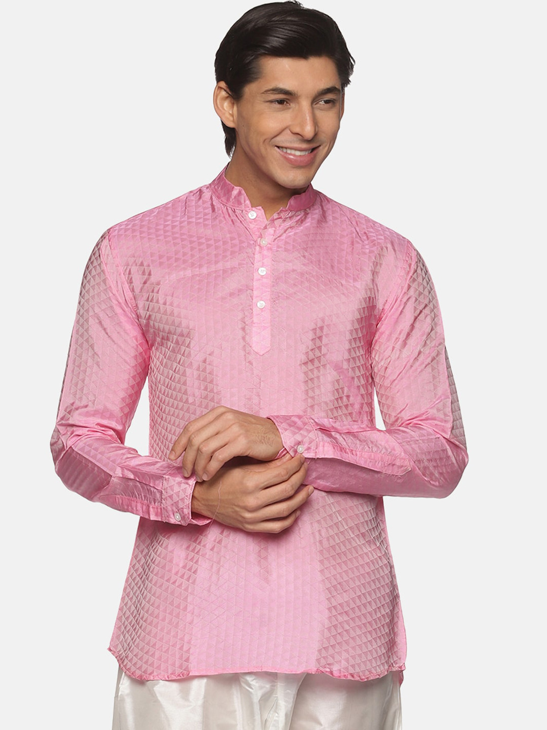 Sethukrishna Men Pink Geometric Art Silk Kurta