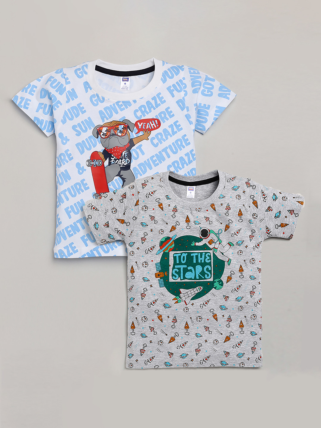 Nottie Planet Boys Grey & Blue Typography Set Of 2 Printed T-shirt