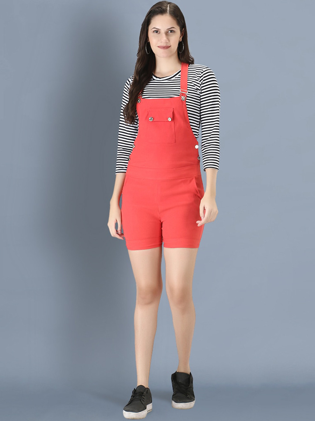 BUY NEW TREND Women Peach Solid Dungaree Skirt With T-Shirt