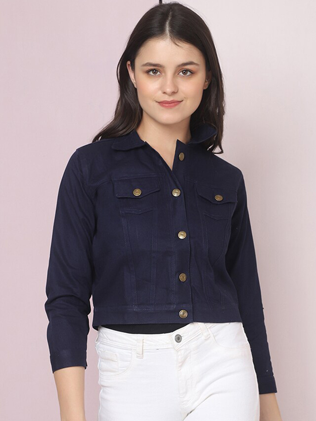 BUY NEW TREND Women Navy Blue Lightweight Crop Denim Jacket