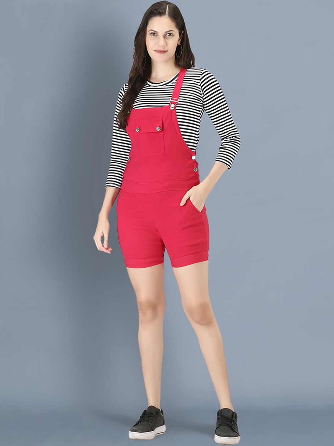 BUY NEW TREND Women Pink Solid  Dungarees With T-Shirt