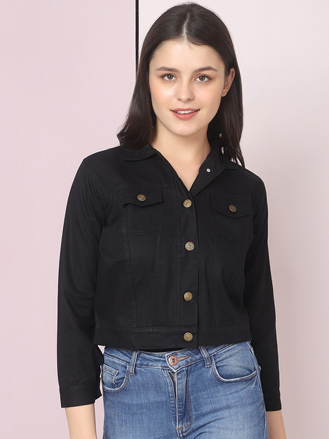 BUY NEW TREND Women Black Washed Checked Lightweight Crop Denim Jacket with Embroidered