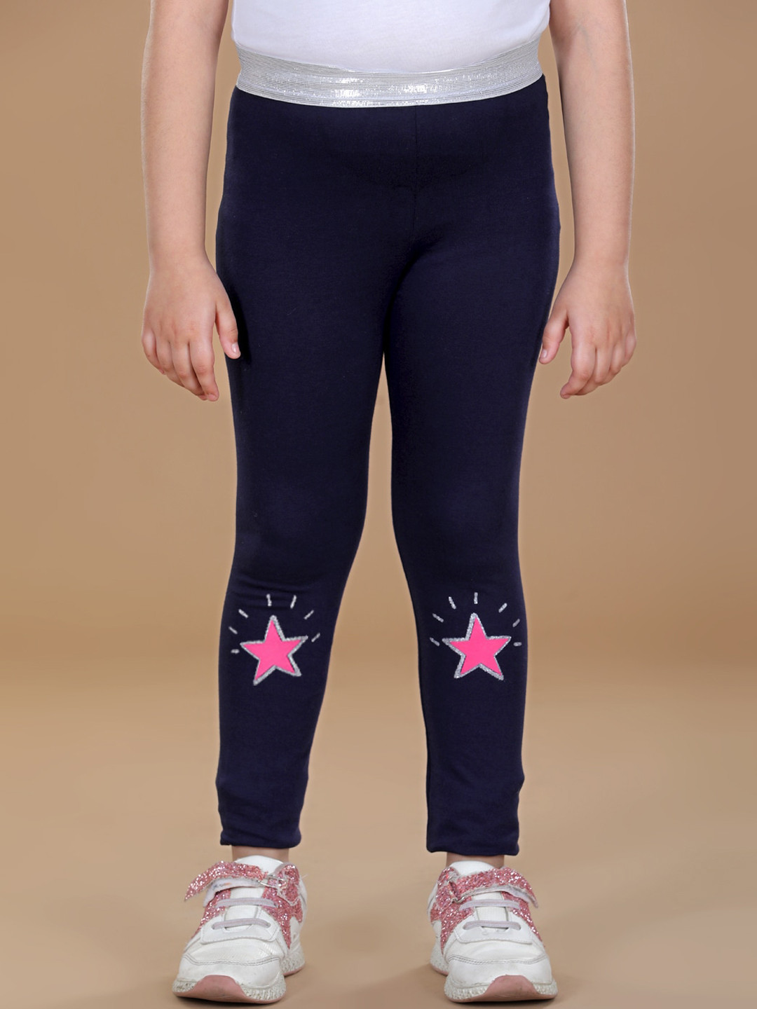 StyleStone Girls Navy Blue & Pink Printed Cotton Ankle-Length Leggings