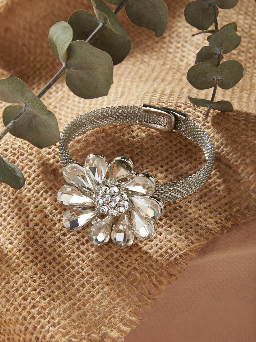 Zaveri Pearls Women Silver-Plated & White Studded Kada Bracelet