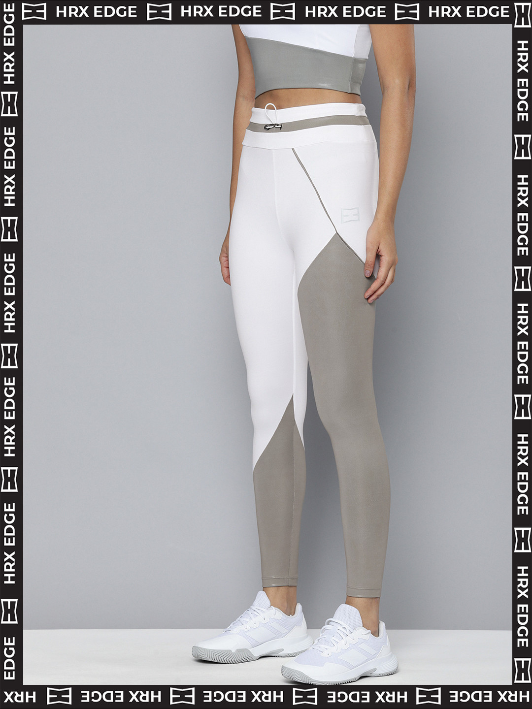 HRX By Hrithik Roshan EDGE Women White & Grey Colourblocked Rapid-Dry Tights