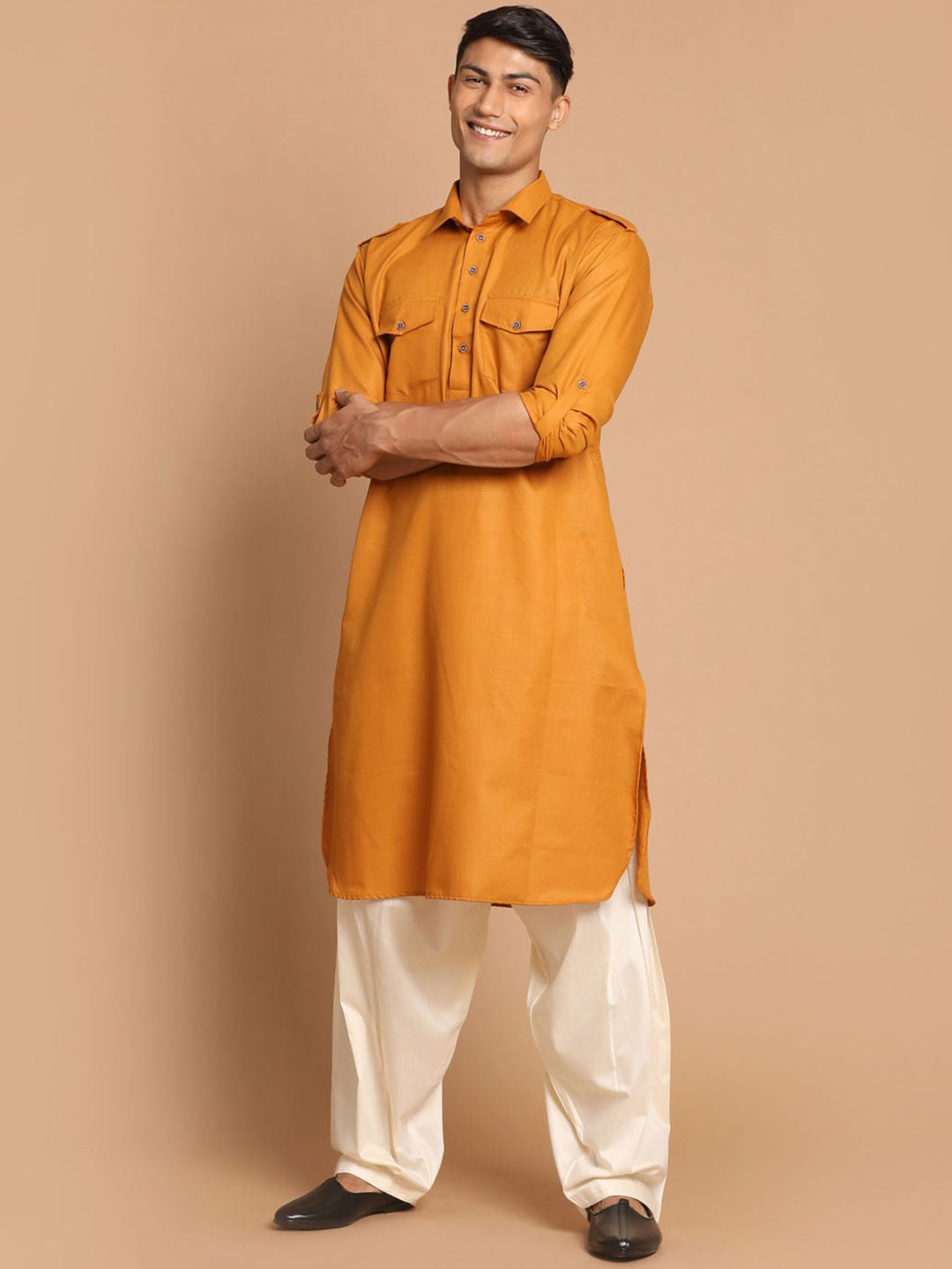 VASTRAMAY Men Rust Brown & Cream-Coloured Kurta with Patiala