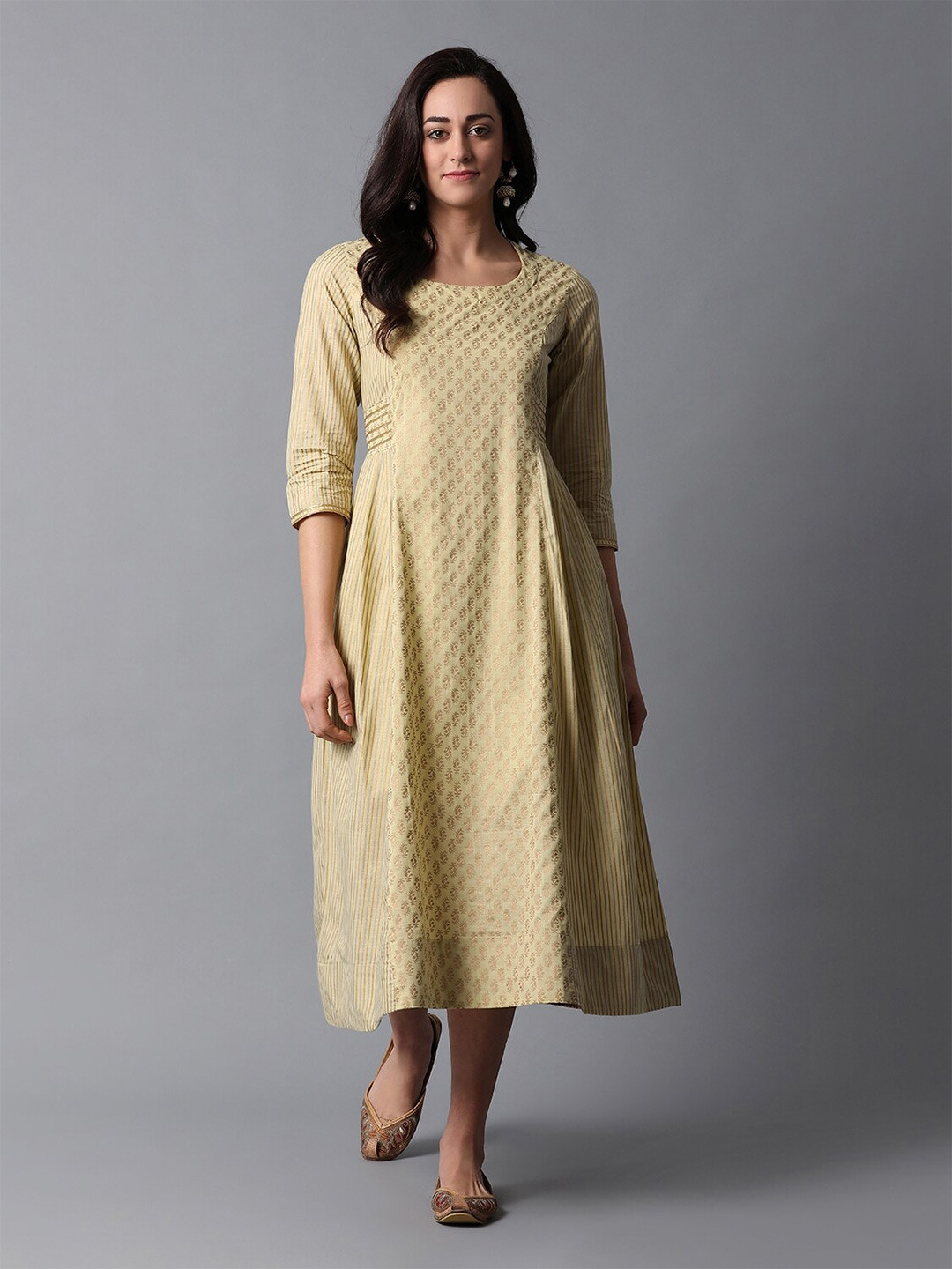 Indian Dobby Green Ethnic Motifs Ethnic Pure Cotton A-Line Midi Dress