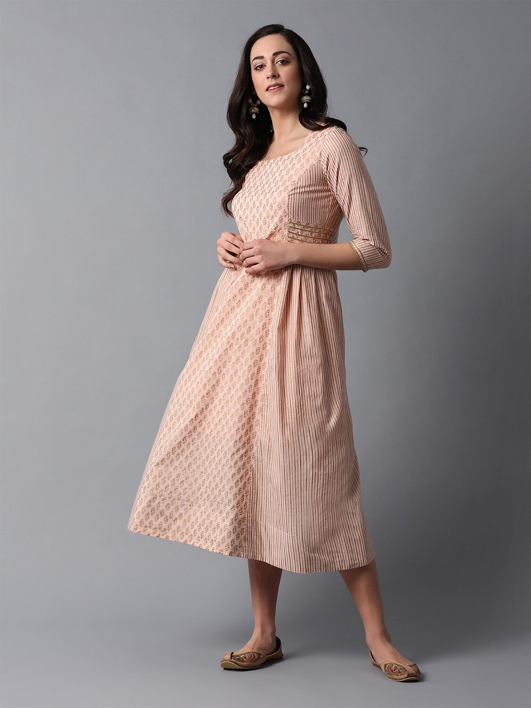 Indian Dobby Coral Ethnic Motifs Ethnic A-Line Midi Dress