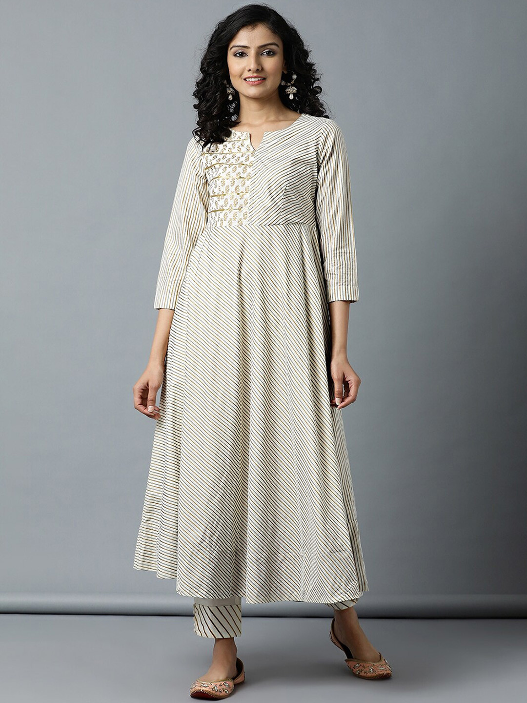 Indian Dobby Women Off White & Golden Printed Gotta Patti Kurta with Trousers