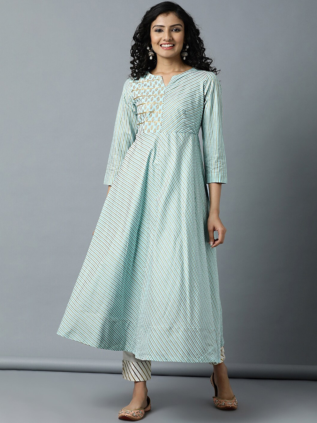 Indian Dobby Women Blue Striped Pastels Anarkali Kurta