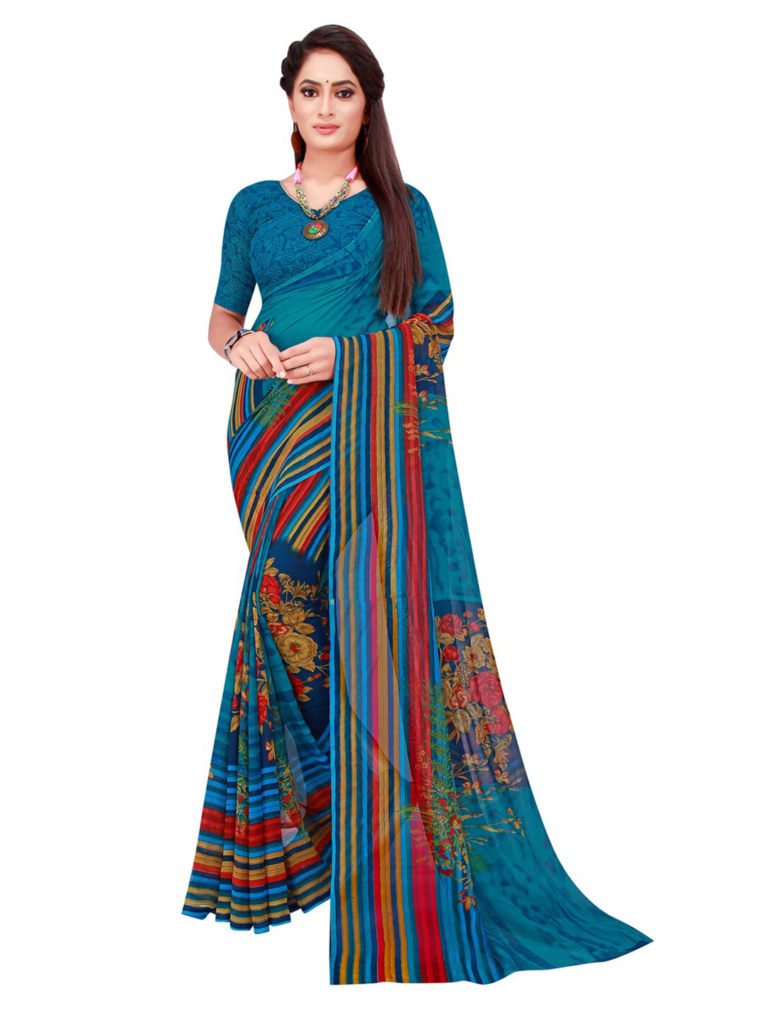 Florence Sea Green & Red Floral Pure Georgette Saree