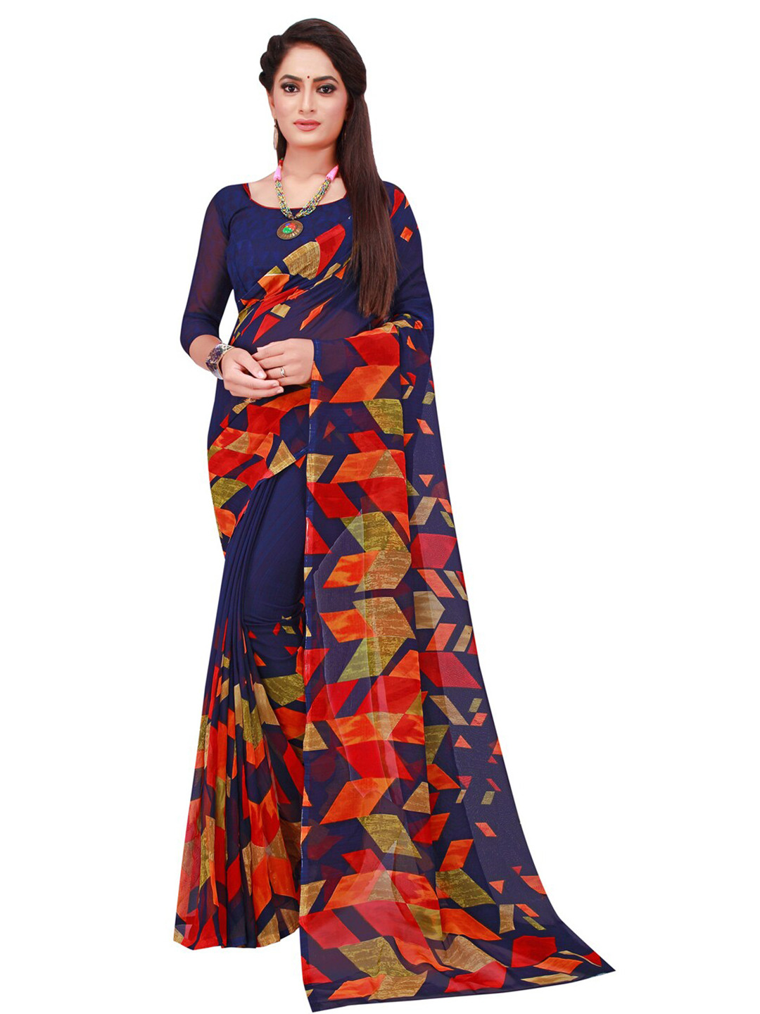 Florence Navy Blue & Red Printed Pure Georgette Saree