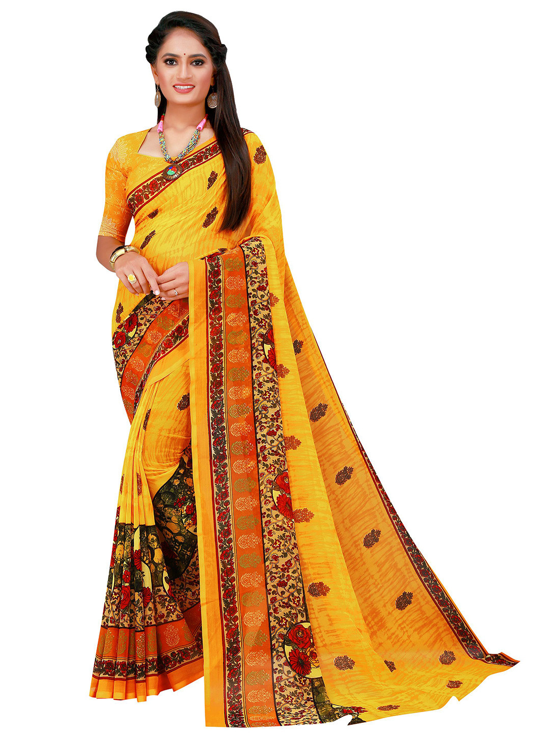 Florence Yellow & Red Floral Pure Georgette Saree