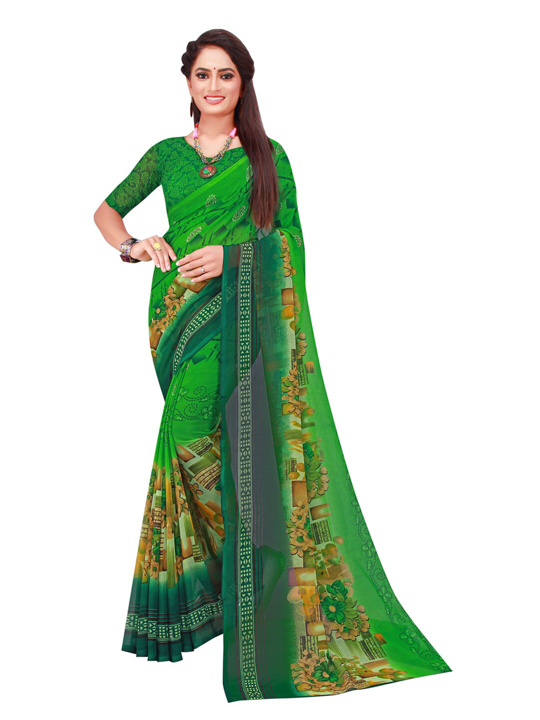 Florence Green & Yellow Floral Pure Georgette Saree