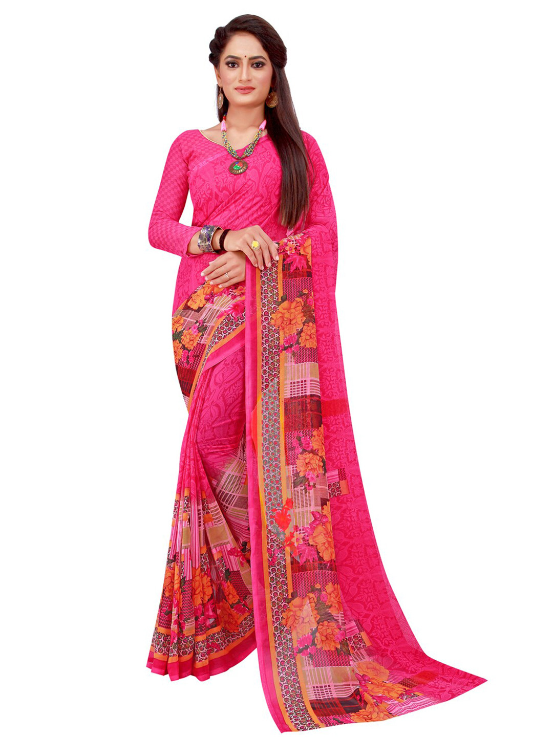 Florence Pink & Mustard Ethnic Motifs Pure Georgette Saree
