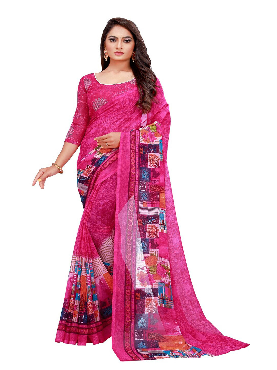 Florence Pink & Blue Pure Georgette Saree