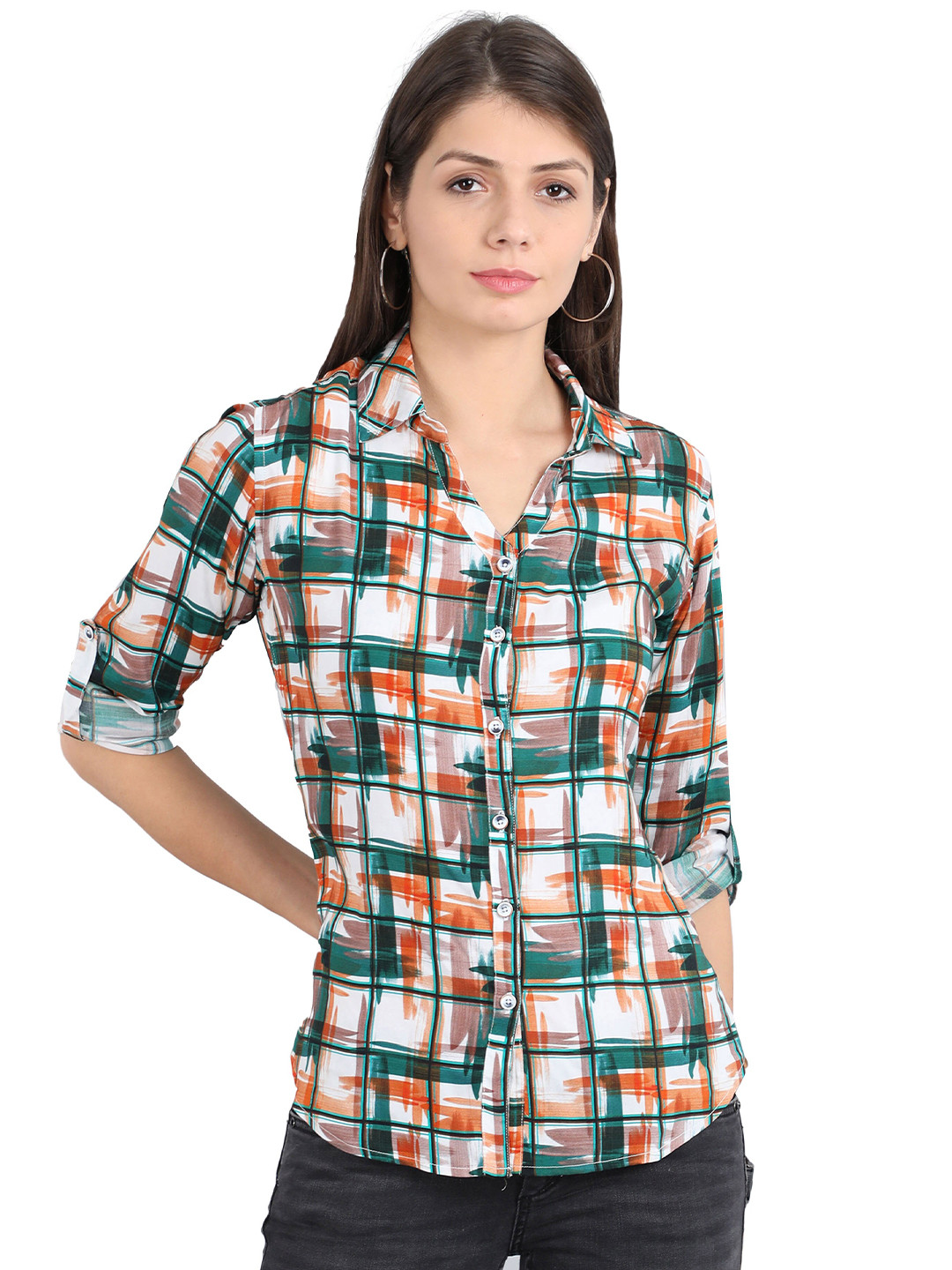 Guniaa Women Assorted Checked Spread Collar Tailored Fit Casual Shirt