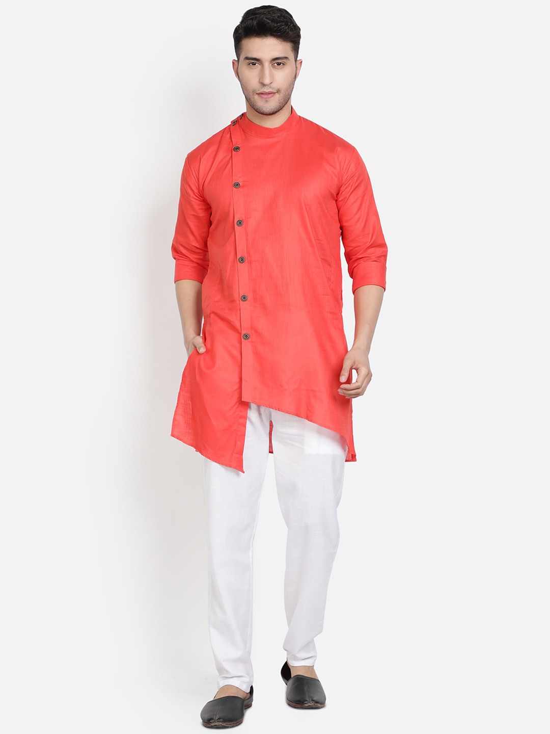 Armaan Ethnic Men Peach-Coloured Pure Cotton Asymmetric Kurta with Trousers