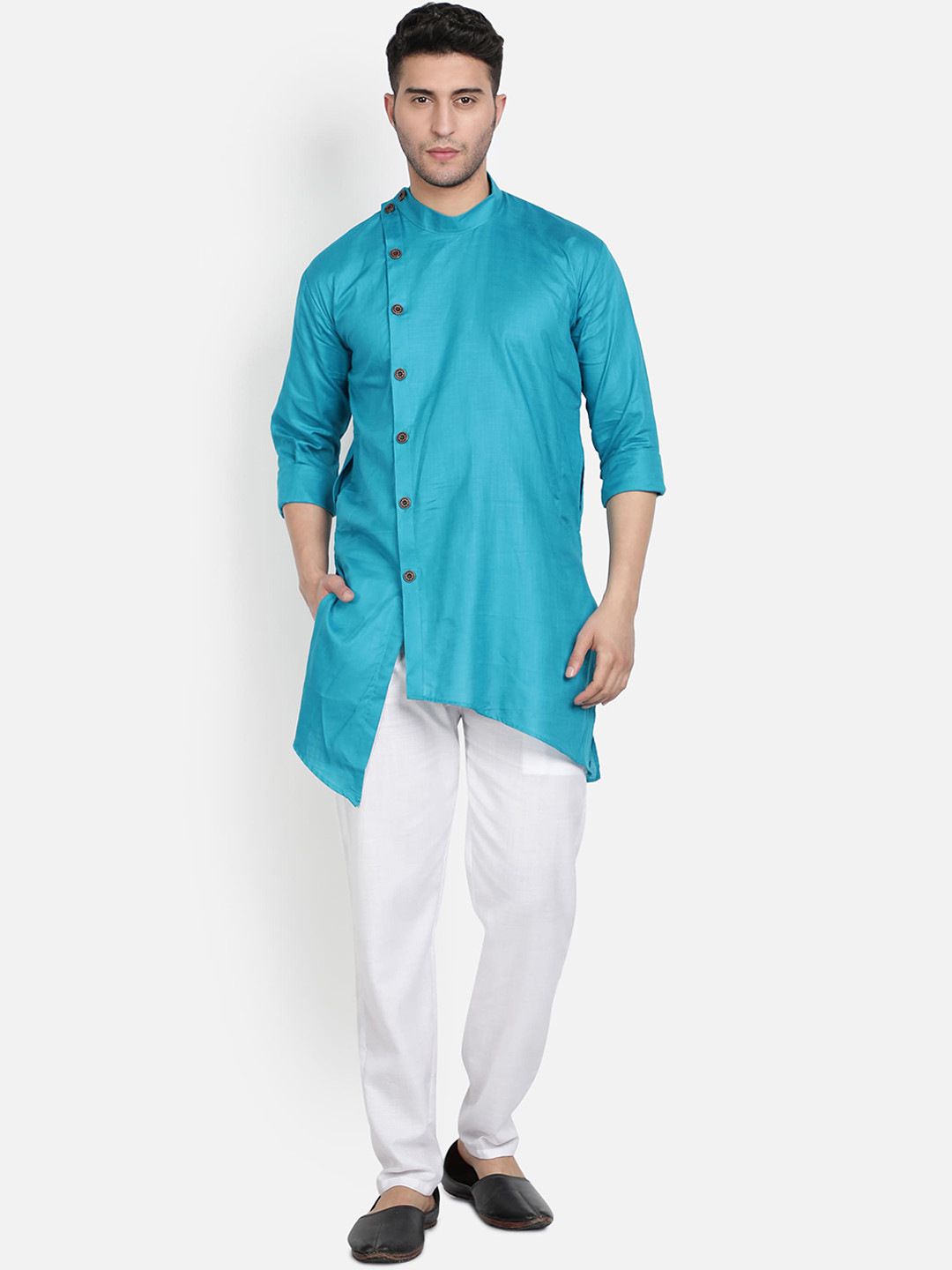 Armaan Ethnic Men Sea Green Angrakha Pure Cotton Kurta with Pyjamas