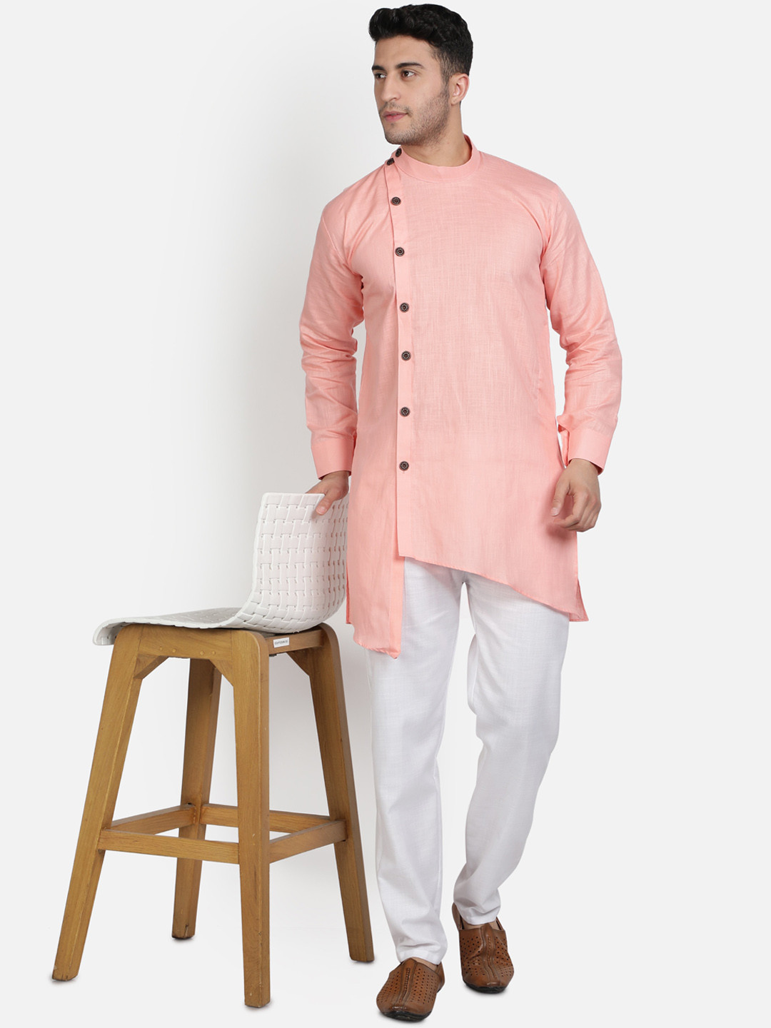 Armaan Ethnic Men Pink & White Pure Cotton Asymmetric Kurta with Trousers