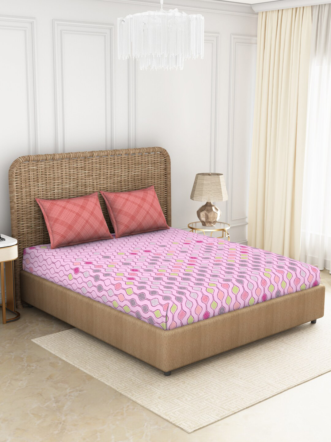SPACES Pink & Peach-Coloured 144 TC Queen Abstract Cotton Bedsheet with 2 Pillow Covers