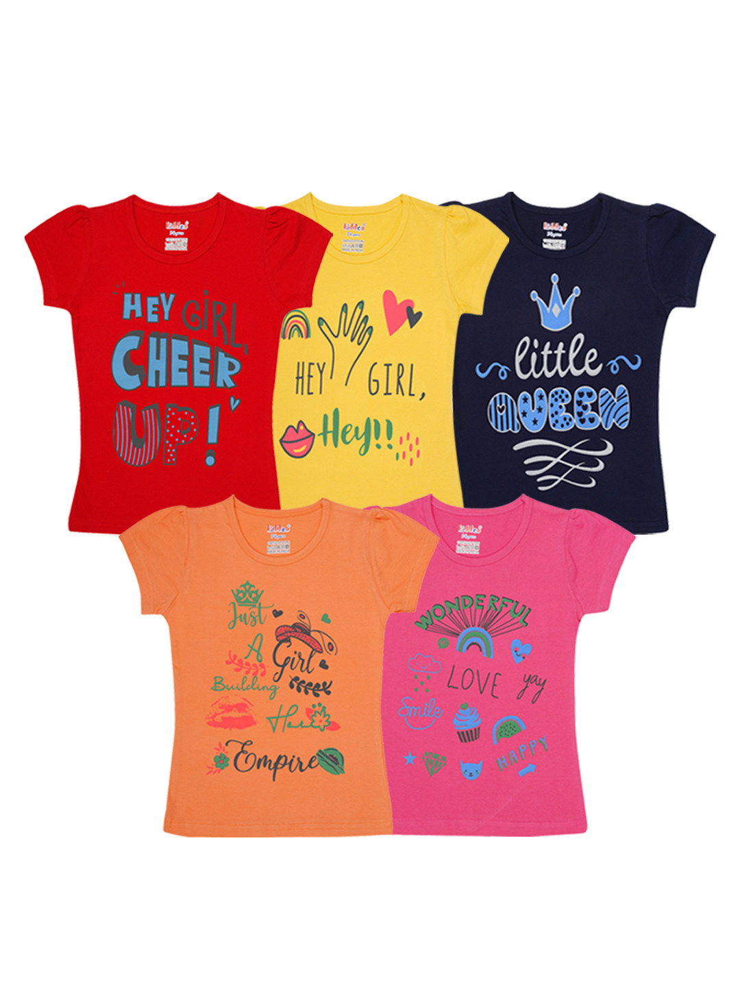Kiddeo Girls Pack of 5 Typography Printed Cotton T-shirt