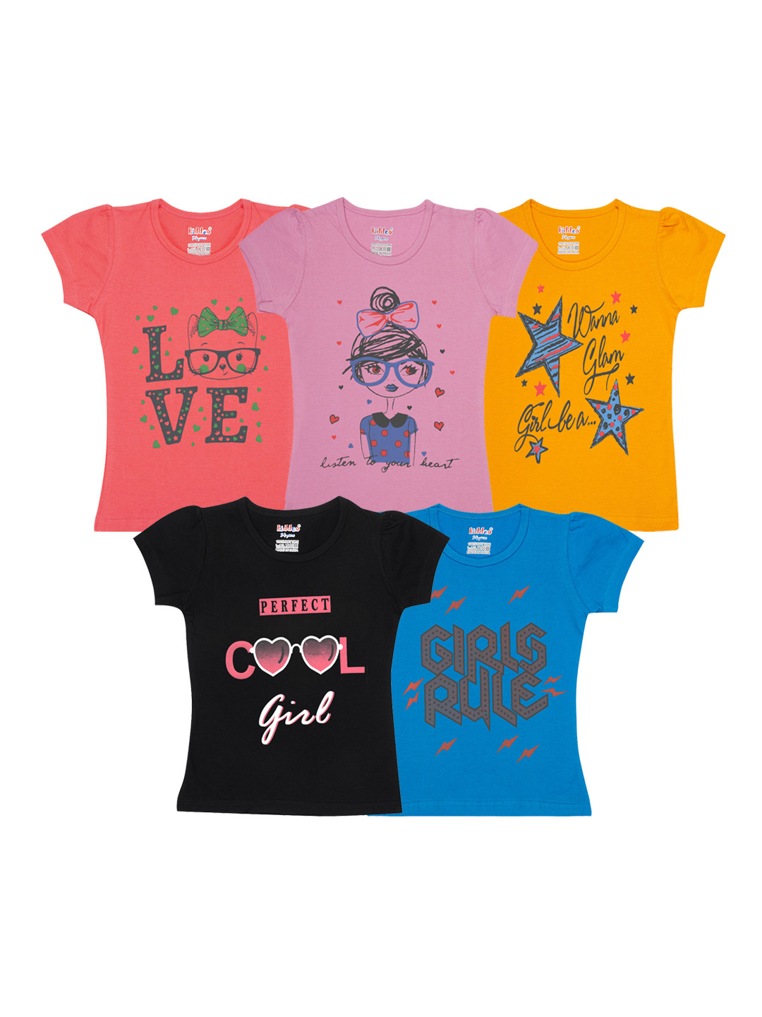 Kiddeo Girls Multicoloured 5 Printed T-shirt