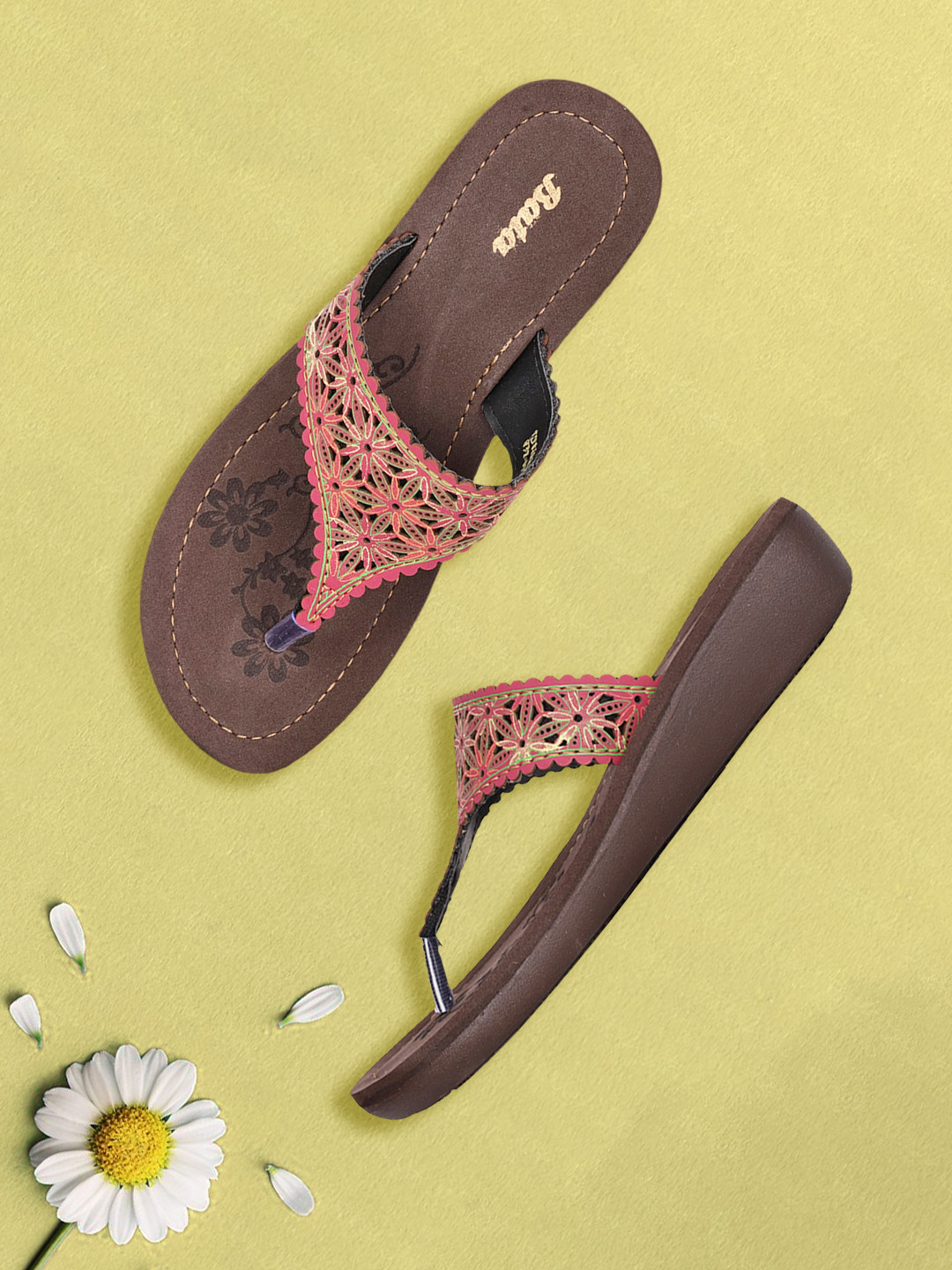 Bata Red Embellished Ethnic Wedge Heels with Laser Cuts