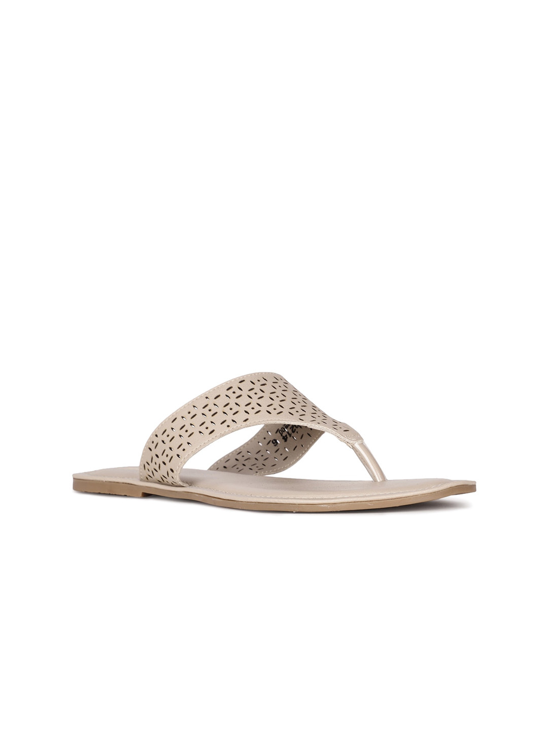 Bata Women Beige T-Strap Flats With Laser Cuts