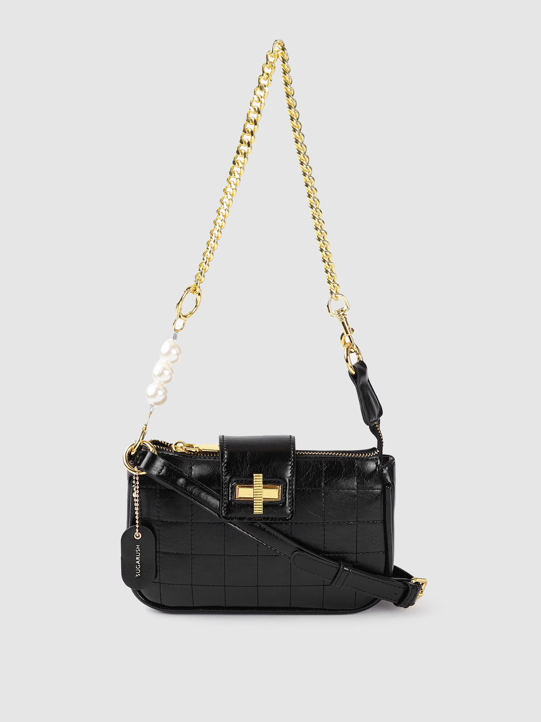 Sugarush Black Checked PU Structured Sling Bag