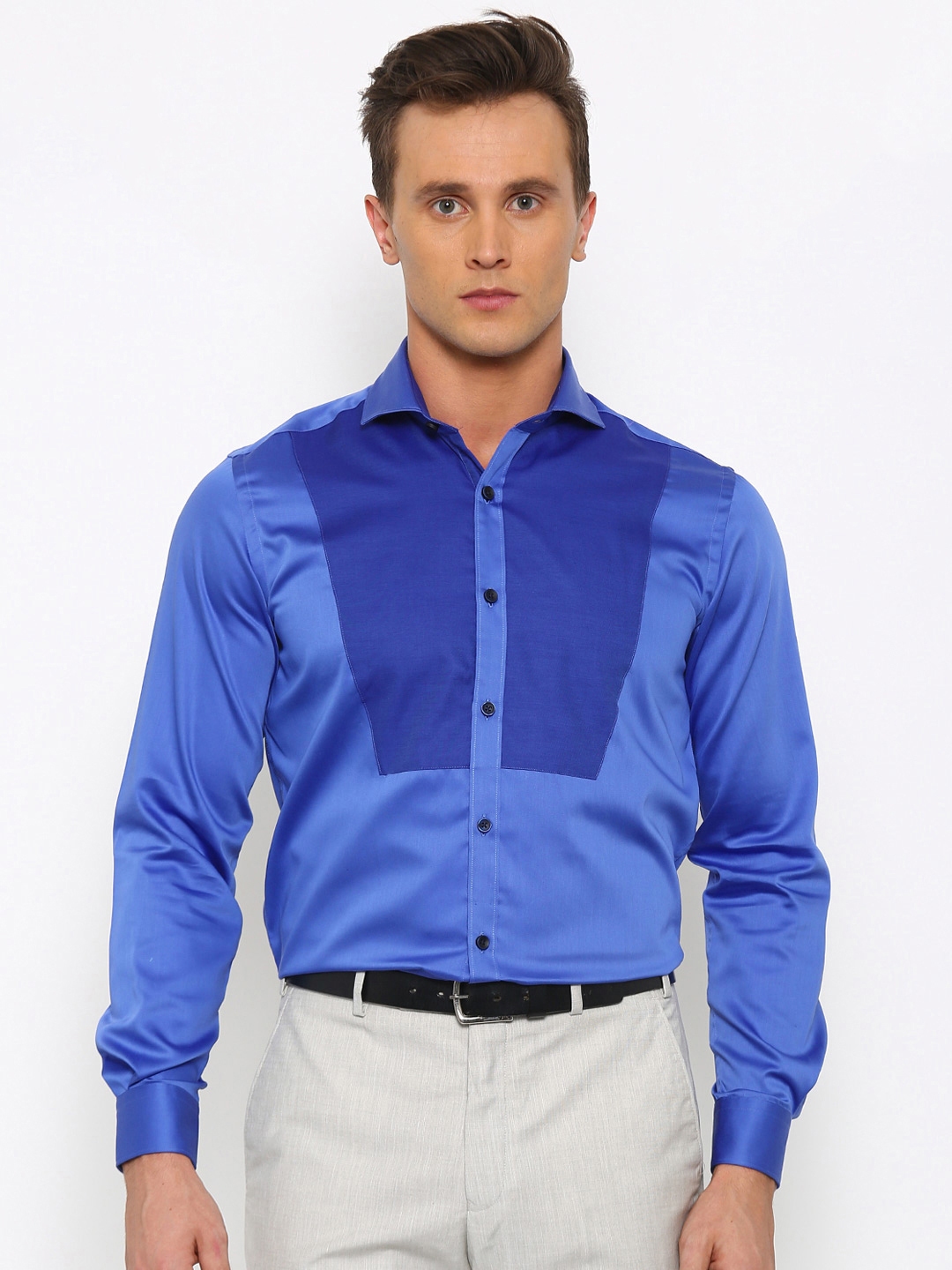 Raymond Men Blue Contemporary Fit Solid Partywear Shirt