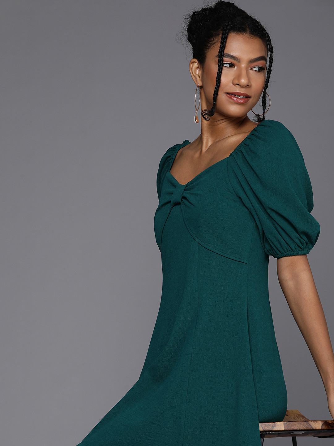 Style Quotient Teal Green Puff Sleeves Dress With Twisted Detail