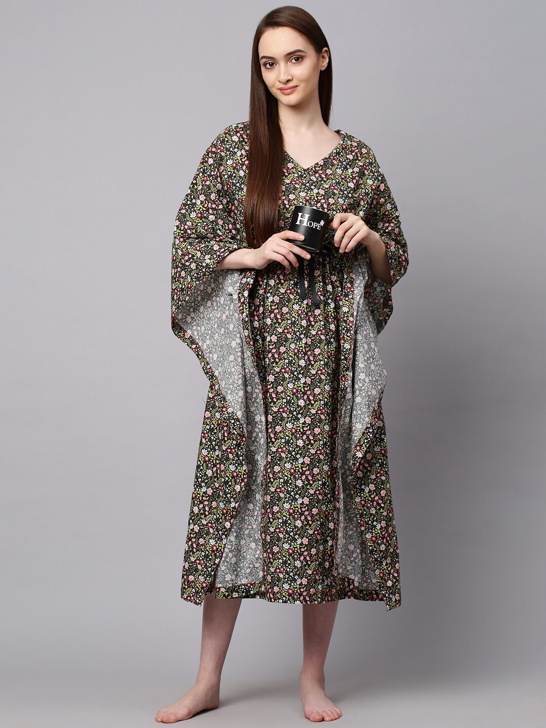 Chemistry Black Floral Printed Casual Kaftan Nightdress